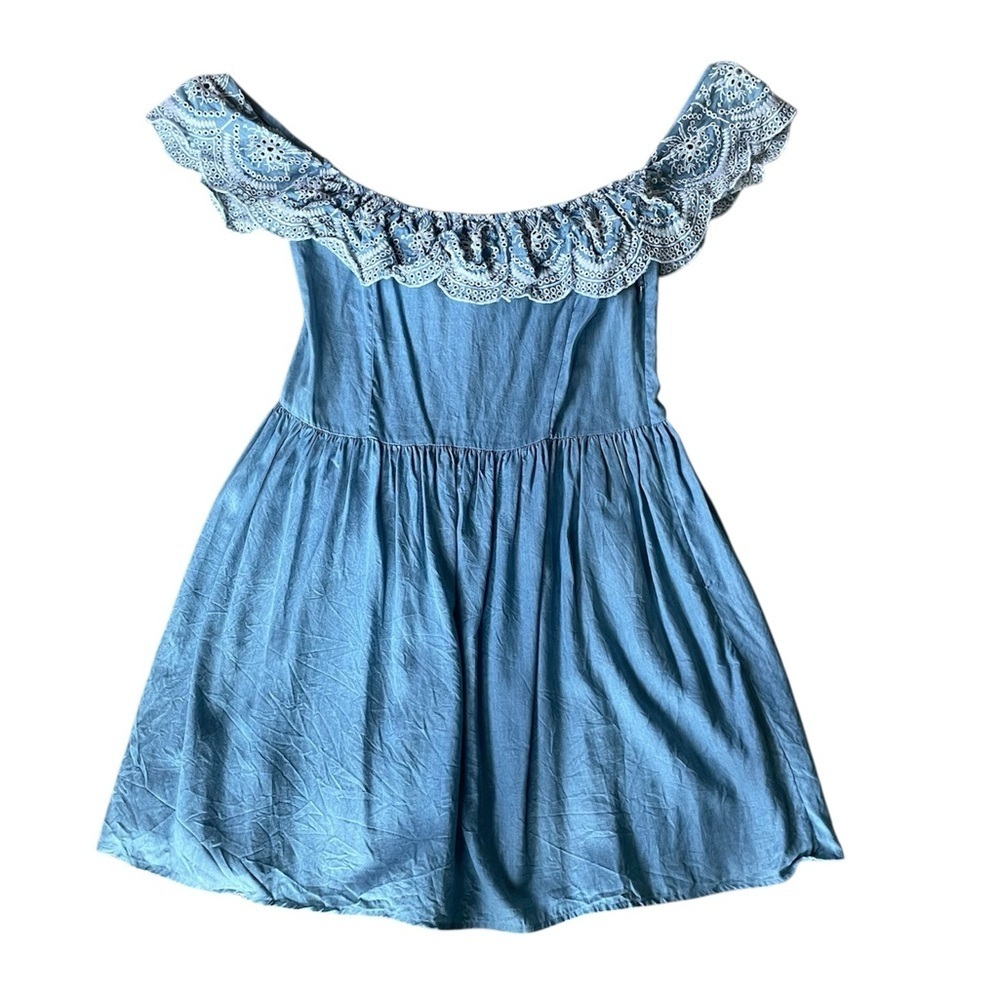 Lovers + Friends Off Shoulder Mini Dress L Dream Vacay Chambray Eyelet Ruffle - Picture 2 of 7